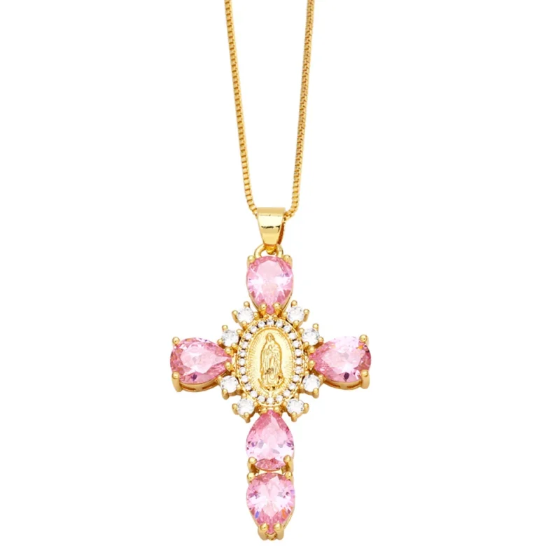 Jesus Cross Necklace for Women Men Retro Copper Zircon Colorful Cross Virgin Mary Pendants Jewelry Religion Prayer Baptism Gift
