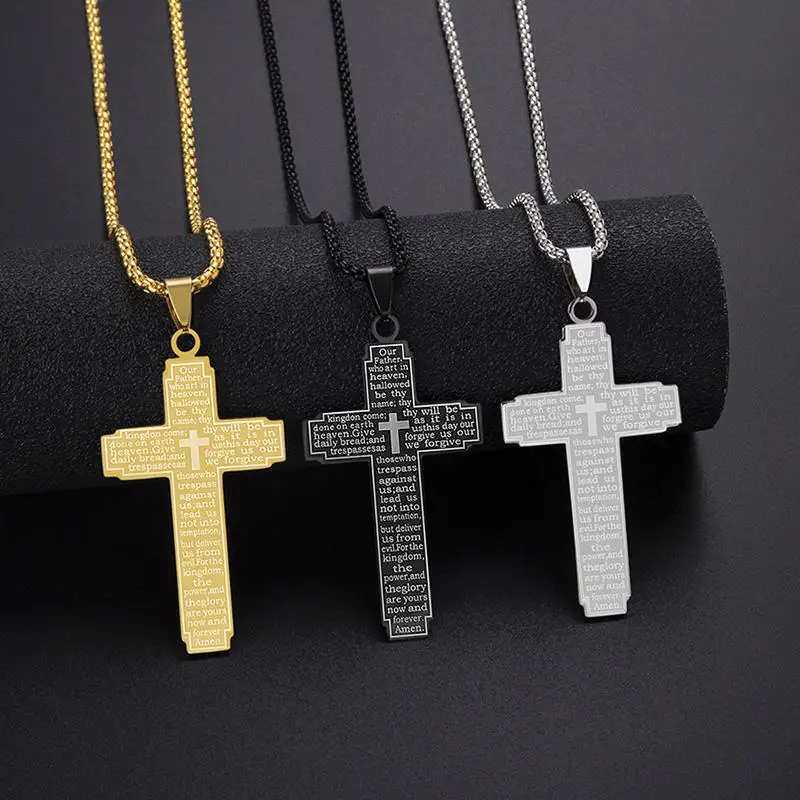 HNSP Stainless Steel Bible Pattern Cross Necklace Pendant For Men Chain Religion Protect Jewelry Accessories