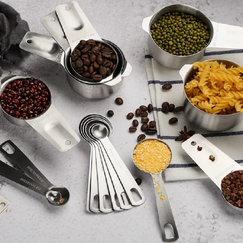 Measuring Cups and Spoons Set 7 Stainless Steel Nesting Measuring Cups and Measuring Spoons with Ring Connector Kitchen Gadgets