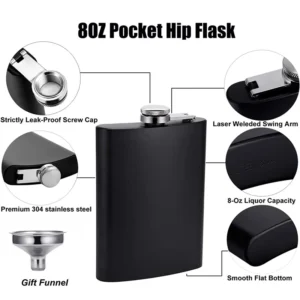 LMETJMA Matte Black Hip Flask for Liquor Stainless Steel Leak proof with Funnel Flask set Drinking Whiskey Flask KC0454