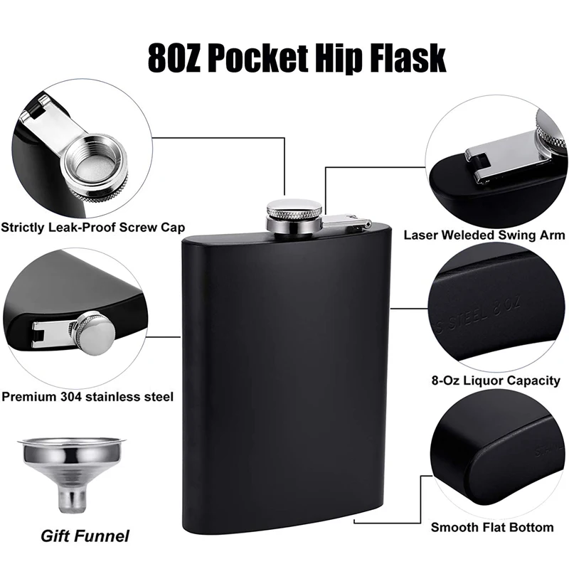 LMETJMA Matte Black Hip Flask for Liquor Stainless Steel Leak proof with Funnel Flask set Drinking Whiskey Flask KC0454