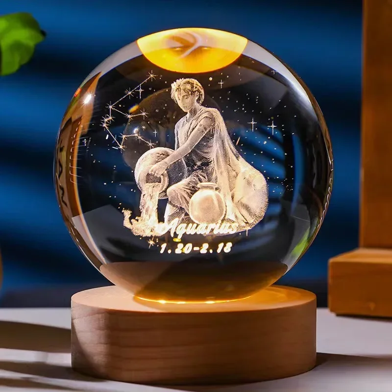6cm 3D Crystal Ball Constellation Glass Planet Laser Engraved Birthday Gift Wooden Base Desktop Decor