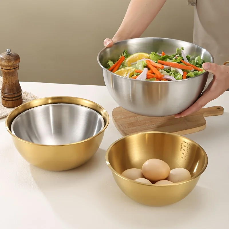 3Pcs A set of three stainless steel bowls for mixing, kneading dough, and serving salads, suitable for kitchen use.
