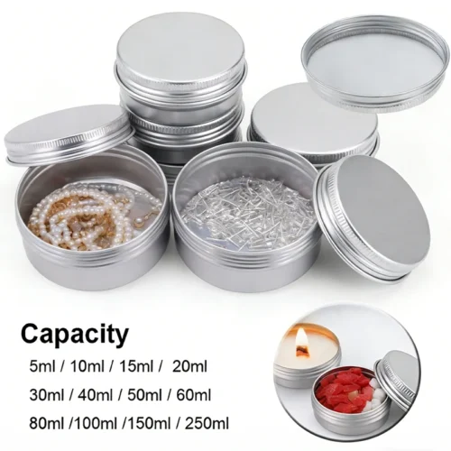 10pcs Silver Aluminum Tin Cans with Screw Lids, 5ml-250ml Empty Round Containers for DIY Candle, Spice, Cream Storage