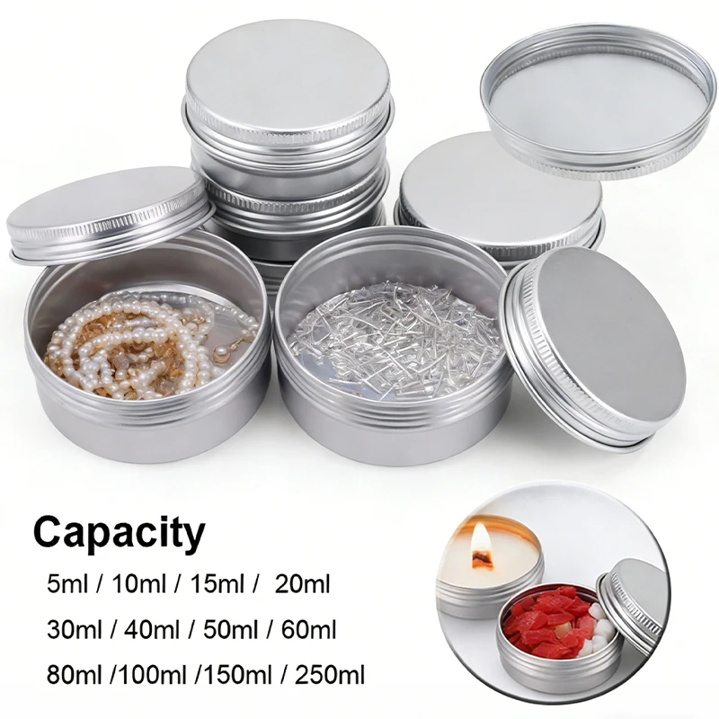 10pcs Silver Aluminum Tin Cans with Screw Lids, 5ml-250ml Empty Round Containers for DIY Candle, Spice, Cream Storage