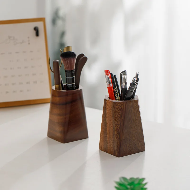 Walnut Wood Pen Holder Creative Solid Wood Storage Box Office Desk Decoration Pen Holder Walnut Wood Feel Light Luxury