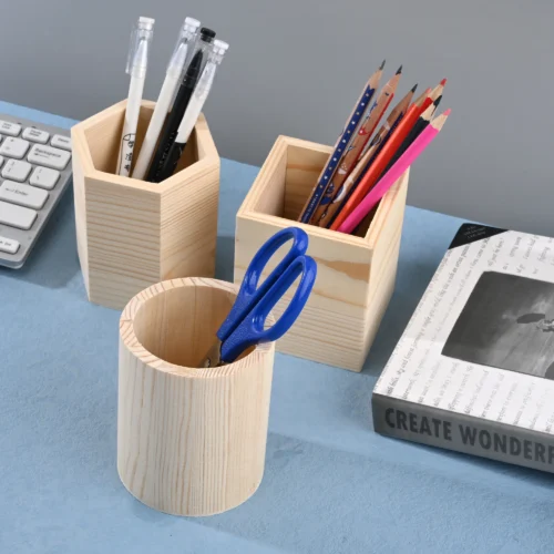 Pencil Holder Office Desk Wood Square/Round/Hexagon Pen Holder Pen Pot Cup Case Container Stationery Storage Organiser Supplies