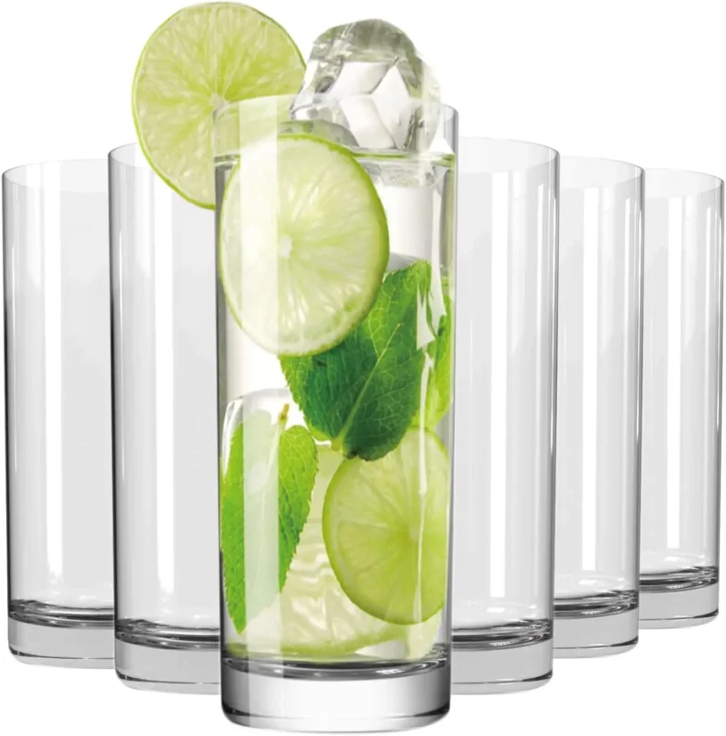 Set of 6 Clear 16oz Tall Drinking Glasses for Water, Juice, Cocktails, and Bar Use
