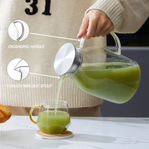 HeY LiLac 1.8L Glass Pitcher with Lid Vertical Stripes Glass Water Pitcher Water Carafe for Fridge Borosilicate Water Jug