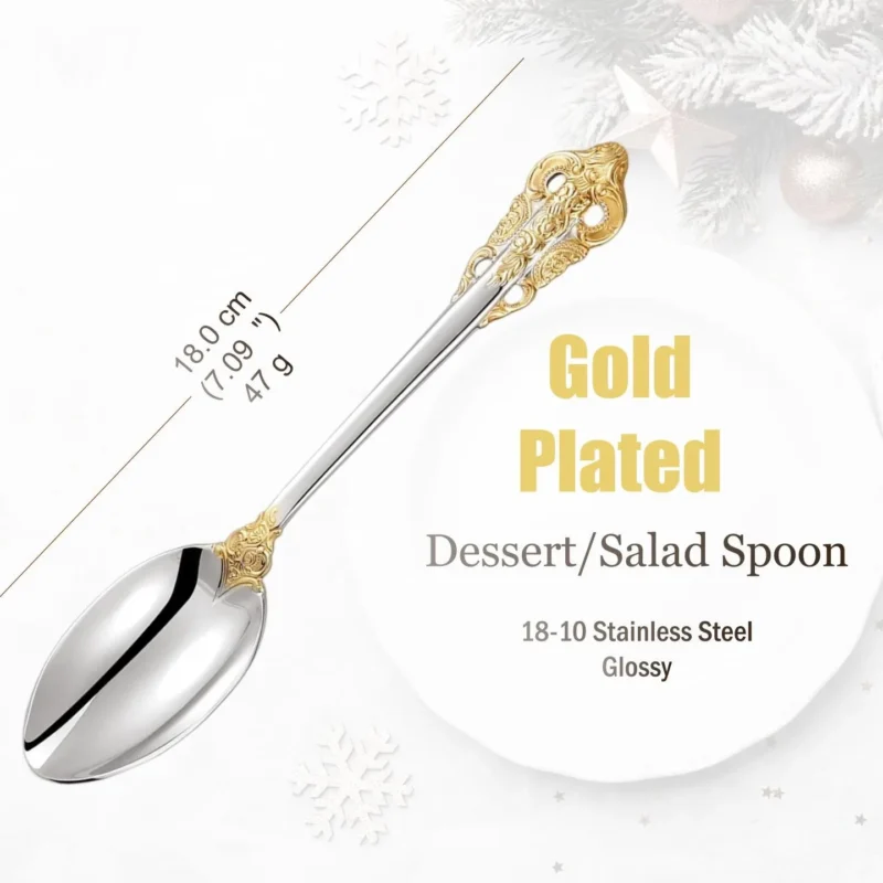 Stainless Steel Silver Flatware Set, Vintage Cutlery, Hollow Handle, Silverware for Wedding, Baroque, 18/10, Glossy Gold