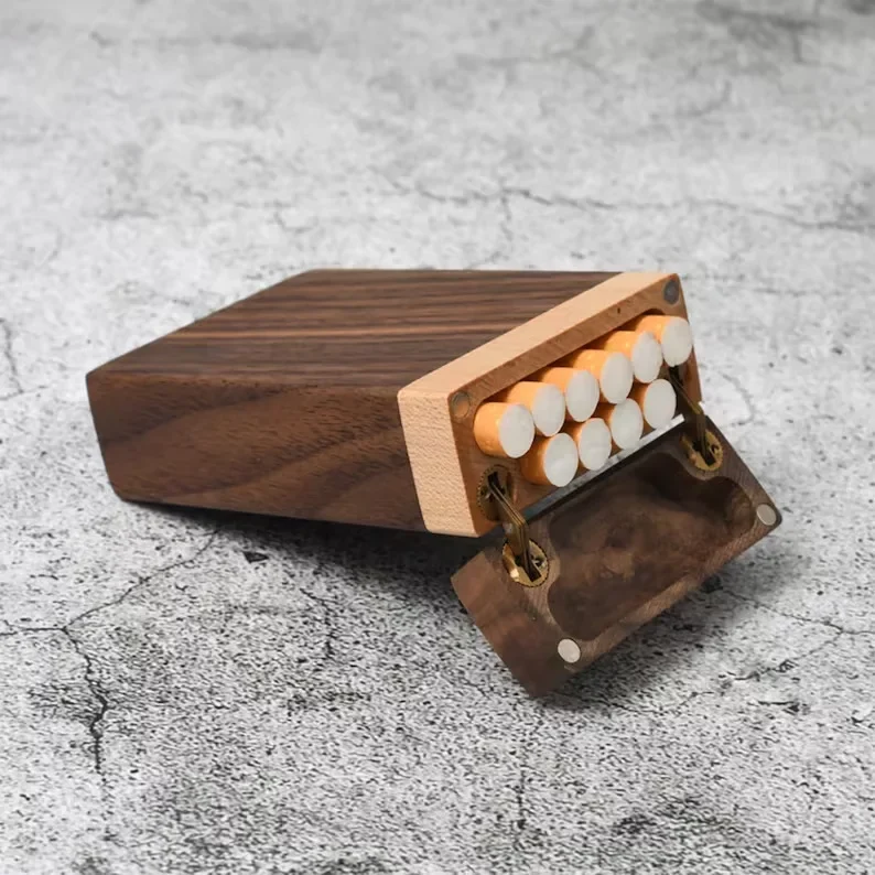 S6907c4e8a94a471c933bfb53facb9ae53.webp Black Walnut Wood Cigarette Case Personalized Gift for Men Women 20 Capacity Cigar Storage Box Portable Wooden Cigarette Box