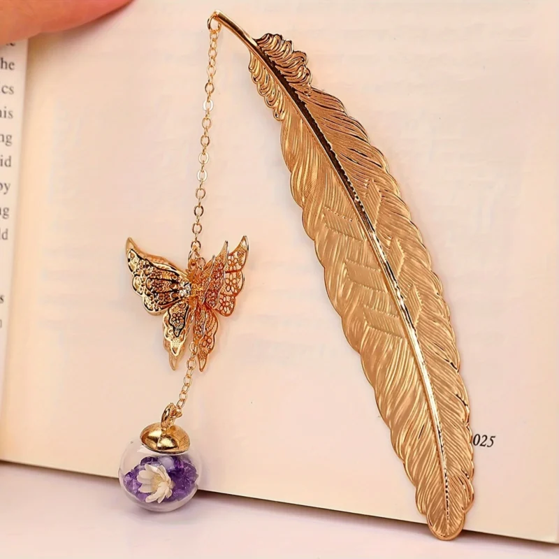 1PC elegant metal bookmark - decorated with golden feathers and flowers, a school gift, a Christmas and Valentine's Day gift