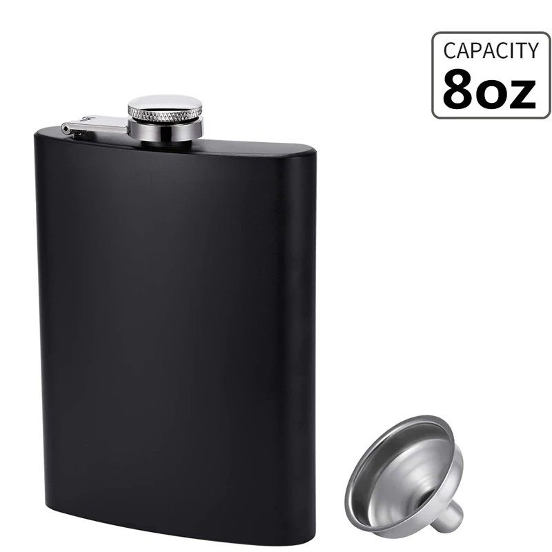 LMETJMA Matte Black Hip Flask for Liquor Stainless Steel Leak proof with Funnel Flask set Drinking Whiskey Flask KC0454