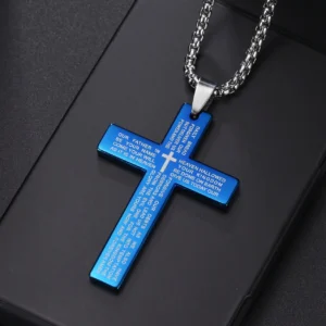 Christian Jesus Cross Necklace For Men Women Stainless Steel Chains Choker Religion Blue Pendants Jewelry Prayer Baptism Gifts