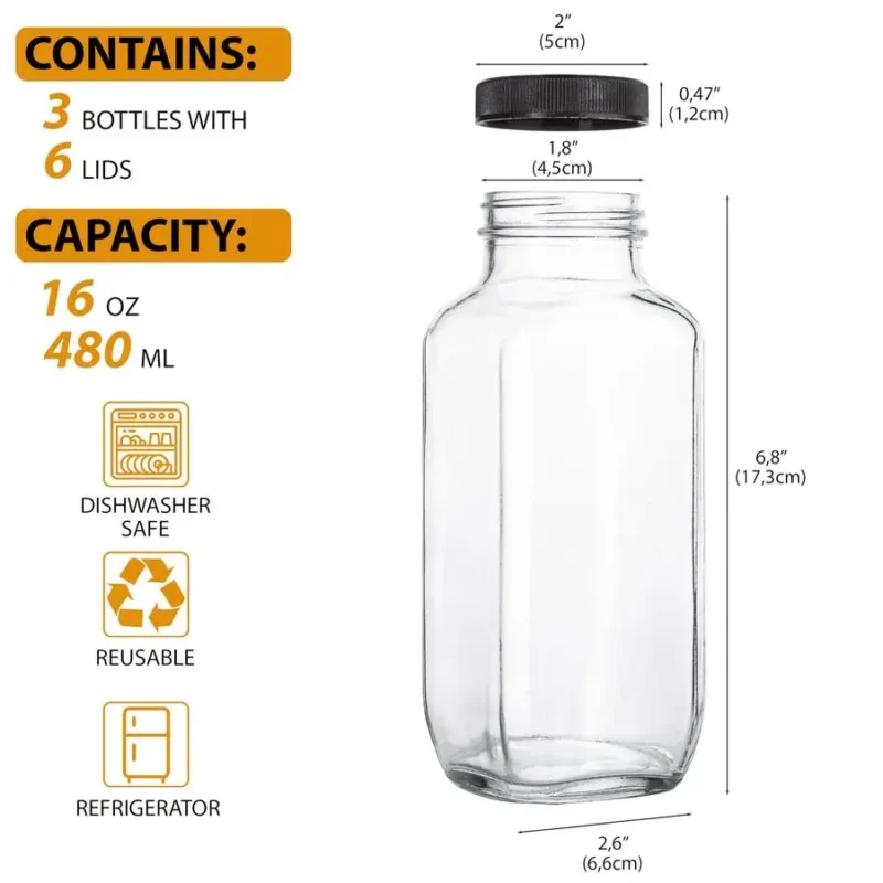 Bottles with Lids, 16 Oz Set of 3 Clear Glass Jars with Caps Reusable Empty Drink Containers for Juicing, Smoothies, Water, Milk