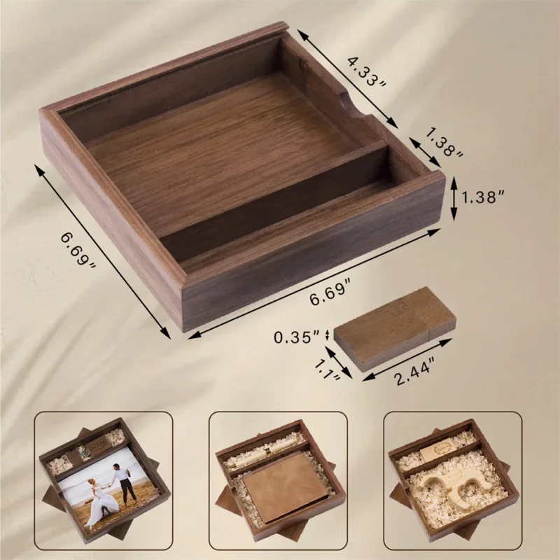 Free Custom Walnut Maple Wood Storage Box Photography Jewelry Wedding Gift Album USB Box Natural Wooden Case 16.9X16.9X3.5cm