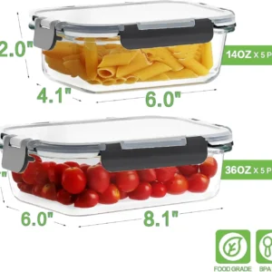 10 Pack Borosilicate Glass Meal Prep Containers with Locking Lids, Airtight Bento Boxes, BPA-Free & Leak Proof, 36oz & 14oz