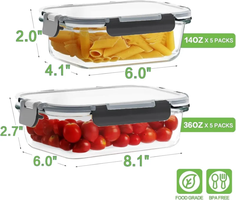 10 Pack Borosilicate Glass Meal Prep Containers with Locking Lids, Airtight Bento Boxes, BPA-Free & Leak Proof, 36oz & 14oz