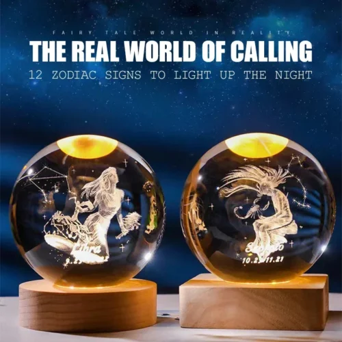 6cm 3D Crystal Ball Constellation Glass Planet Laser Engraved Birthday Gift Wooden Base Desktop Decor