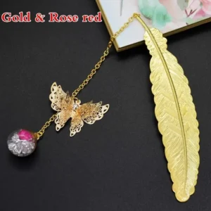 S8a6ac37ac6764f729ee03a412e352ab8c.webp Retro Bookmark Feather Butterfly Creative Metal Bookmarks Stationery Gift Metal Feather Bookmark In Gift Box Packaging