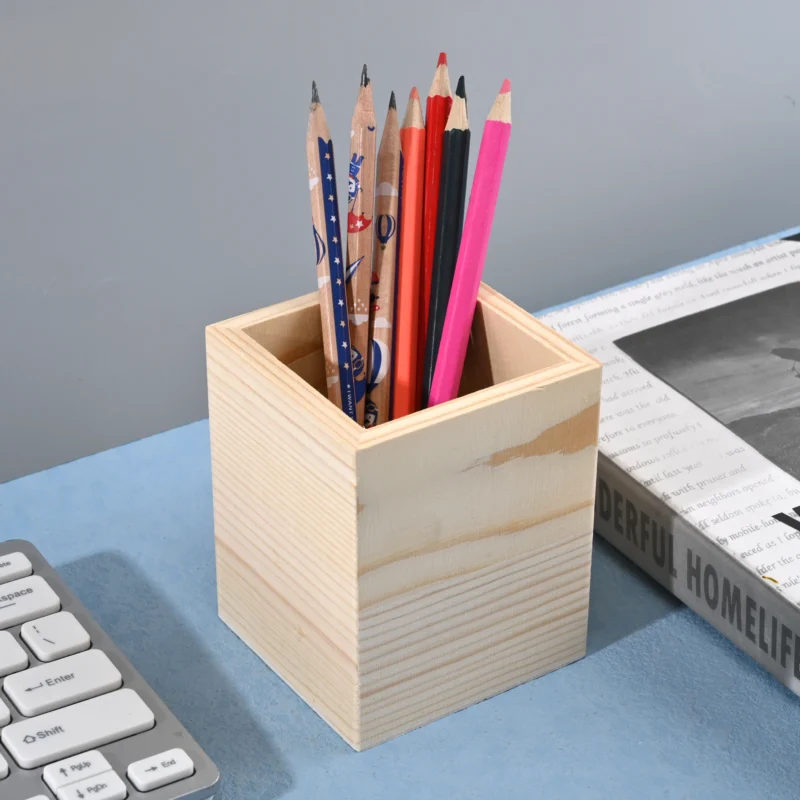 Pencil Holder Office Desk Wood Square/Round/Hexagon Pen Holder Pen Pot Cup Case Container Stationery Storage Organiser Supplies