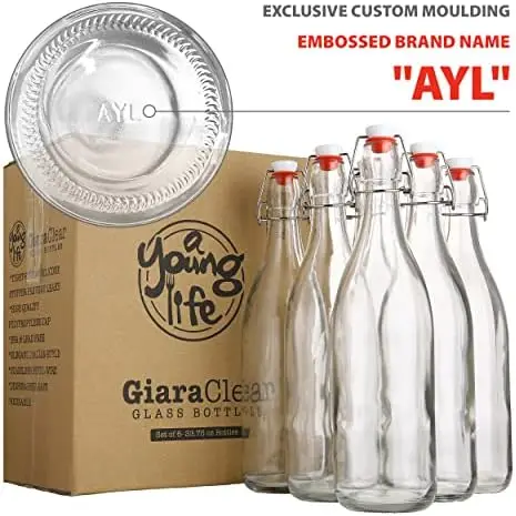 Flip Top Glass Bottles 1L (33oz) Pack of 6 – Airtight Swing Top for Kombucha, Beer, Soda, Water, Oil, Vinegar – Leak Proof Clear