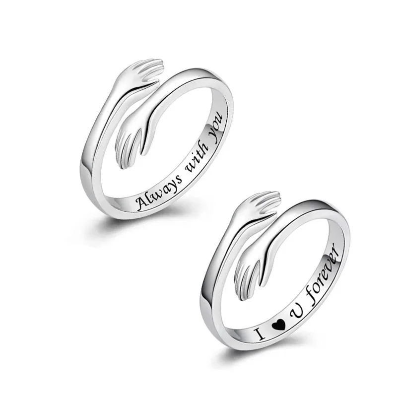 Zinc Alloy Open Mouth Hands Hug Ring Adjustable Love You Forever Lover Ring