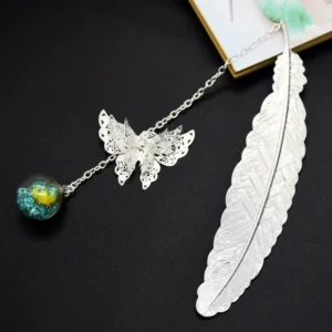 S94ed8371f38b4b72a3ebdb34947a523ew.webp Retro Bookmark Feather Butterfly Creative Metal Bookmarks Stationery Gift Metal Feather Bookmark In Gift Box Packaging