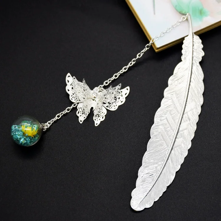 S94ed8371f38b4b72a3ebdb34947a523ew.webp Retro Bookmark Feather Butterfly Creative Metal Bookmarks Stationery Gift Metal Feather Bookmark In Gift Box Packaging