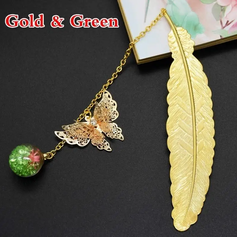 S963955ee30a74f0fa420cc0adbccb245s.webp Retro Bookmark Feather Butterfly Creative Metal Bookmarks Stationery Gift Metal Feather Bookmark In Gift Box Packaging