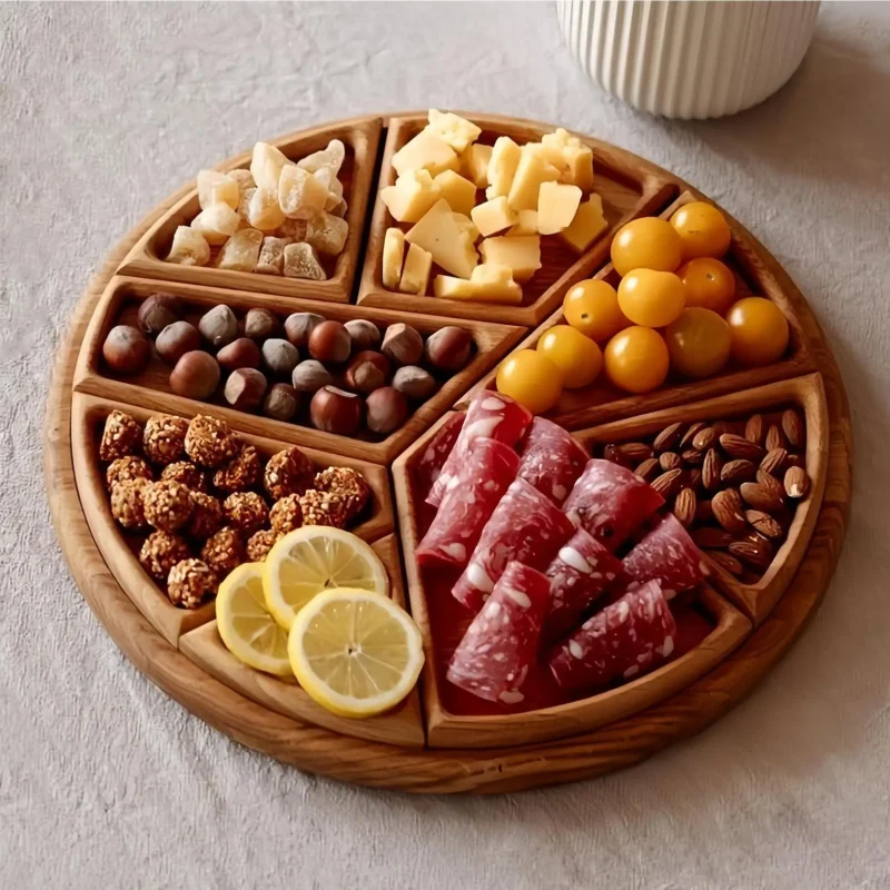 Wooden Serving Tray Charcuterie Board 8-Petal Detachable Divided Snack Plate Natural Wood Puzzle Tray for Kitchen Breakfast