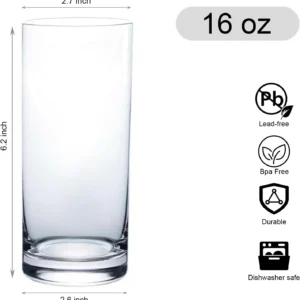 Set of 6 Clear 16oz Tall Drinking Glasses for Water, Juice, Cocktails, and Bar Use
