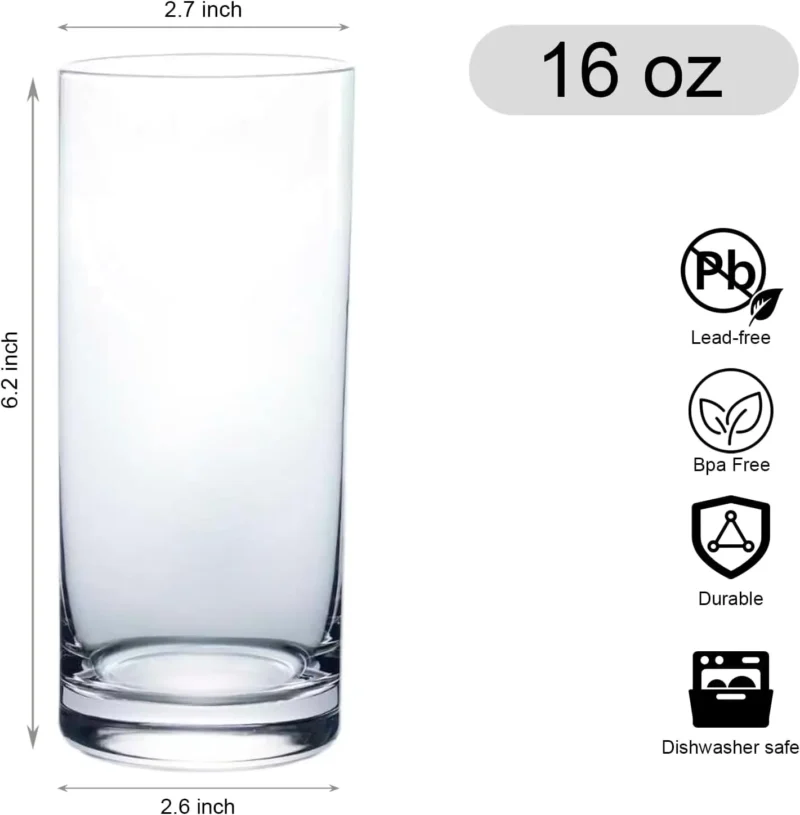 Set of 6 Clear 16oz Tall Drinking Glasses for Water, Juice, Cocktails, and Bar Use