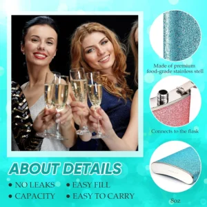 8oz Glitter Bling Hip Flask Stainless Steel Hip Flask with Never-Lose Cap and Funnel Leakproof Liquor Alcohol Flasks For Whiskey