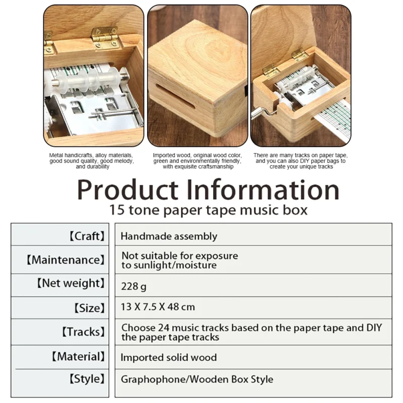 15 Tone Music Box DIY Hand-cranked Wooden Box With Hole Puncher 10pcs Paper Tapes Music Movements Box Paper Strip Home Decor