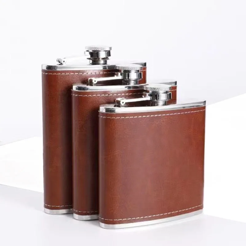 6-8oz Luxury Pocket Hip Flask Brown Leather Covered Small Stainless Steel Flask For Alcohol Portable Whiskey Flasks Gift