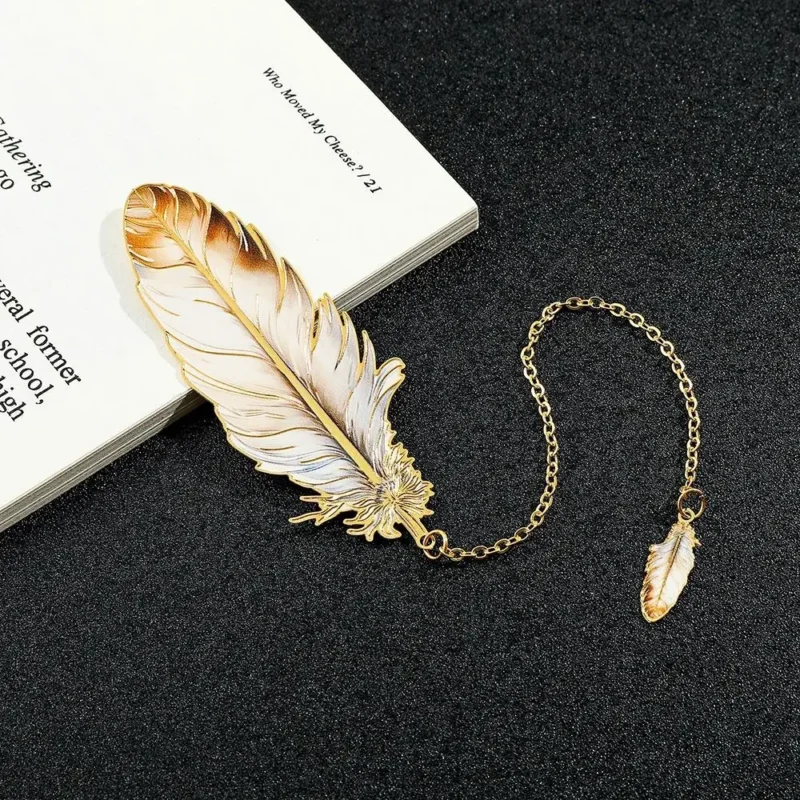 Exquisite Metal Metal Bookmark Feather Shape With Feather Pendant Reading Book Clip Pagination Mark Book Lovers Writers Readers
