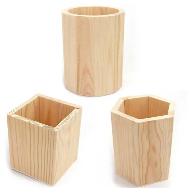 Pencil Holder Office Desk Wood Square/Round/Hexagon Pen Holder Pen Pot Cup Case Container Stationery Storage Organiser Supplies