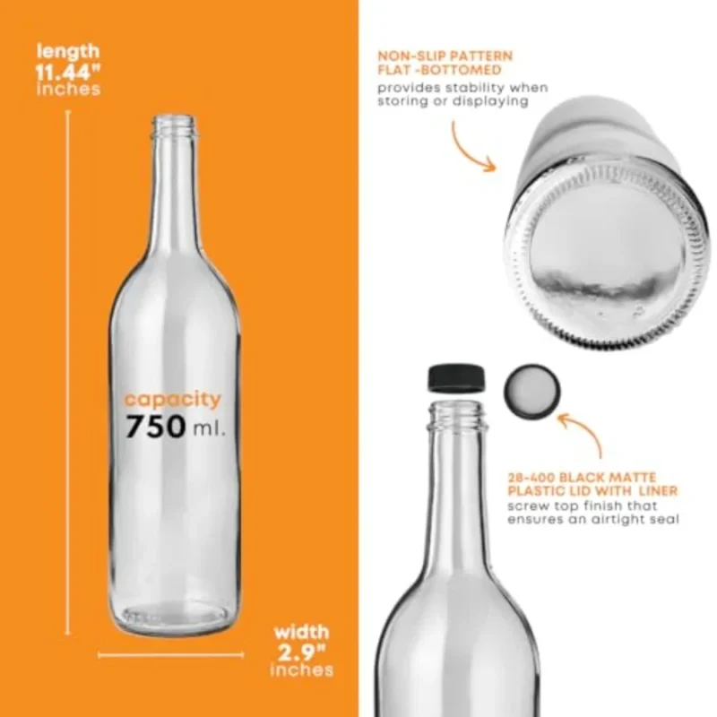 Sa52062caf7d74ddfb2c62526e21d7b211.webp 750 ml Clear Bordeaux Wine Bottles Pack of 12 Screw top finish with 12 Black PLASTIC caps W5 Flint Flat-Bottomed Glass Bottles
