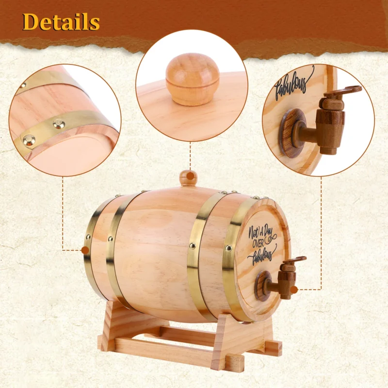 3L Wooden Whiskey Barrel with Stand Bung and Spigot Wine Barrel Whiskey Barrel Dispenser for Cocktails Bourbon Rum Tequila Beer