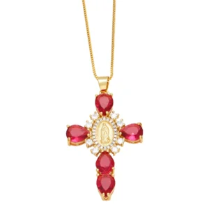 Jesus Cross Necklace for Women Men Retro Copper Zircon Colorful Cross Virgin Mary Pendants Jewelry Religion Prayer Baptism Gift