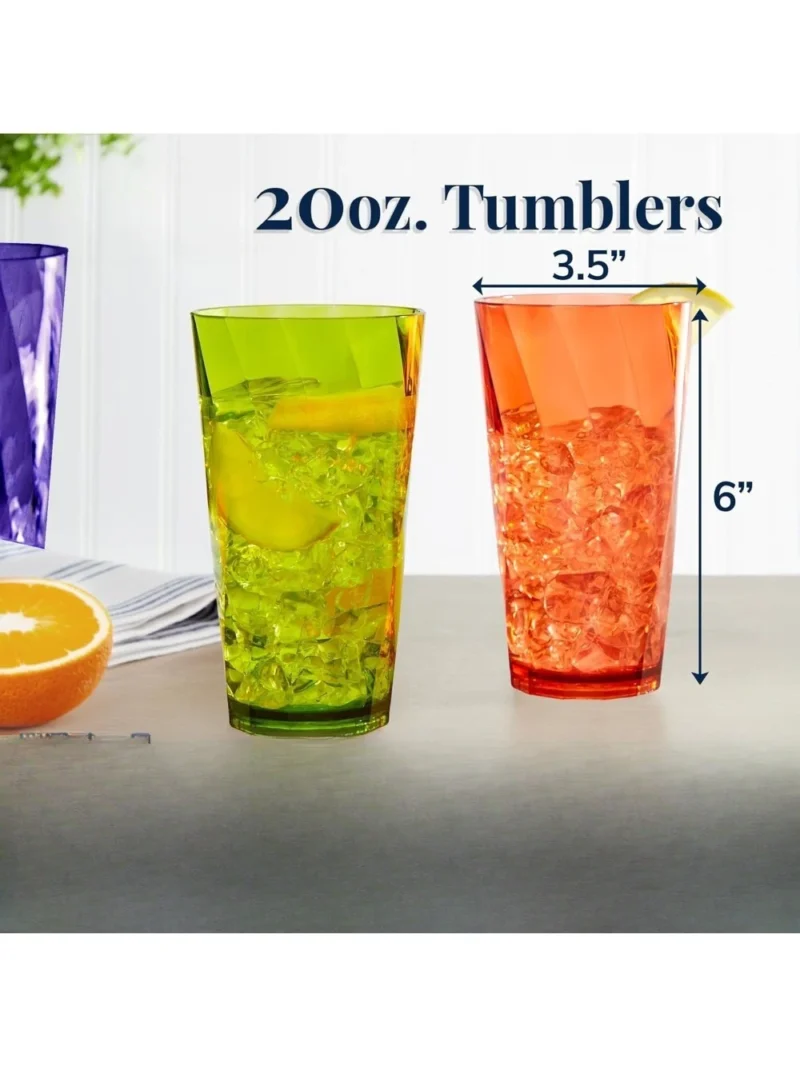 Set of 8 BPA-Free Acrylic Drinking Glasses, 20oz Jewel Tone Colors, Top-Rack Dishwasher Safe