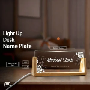 Custom Name Lighted Acrylic Desk Nameplate Modern Office Decor with Wood Base LED Name Sign Gift for New Job Boss Coworkers