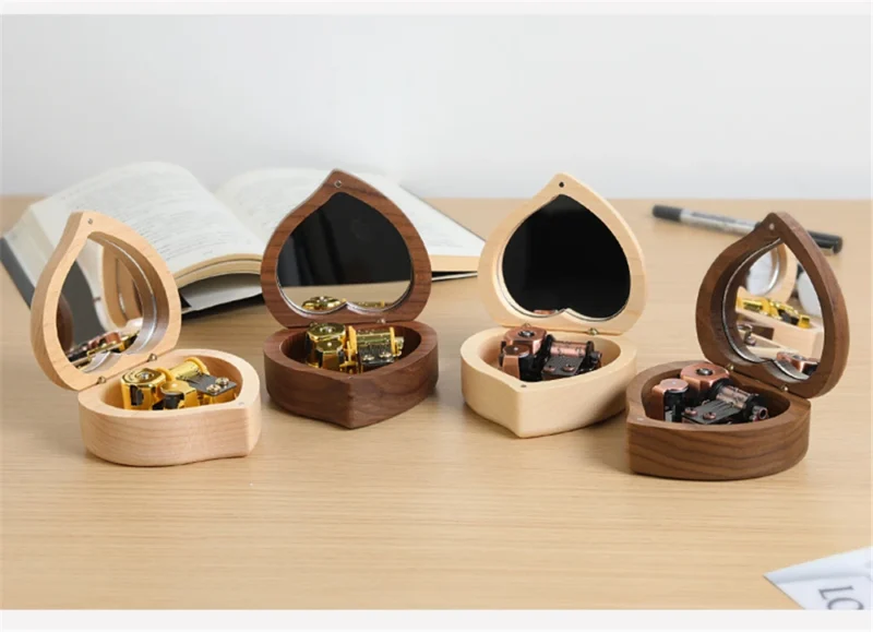 Wooden Heart Shaped Music Box Maple Wood 18 Tones Clockwork Musical Box Swan Lake Summer Moving Castle Birthday Gifts for Lovers