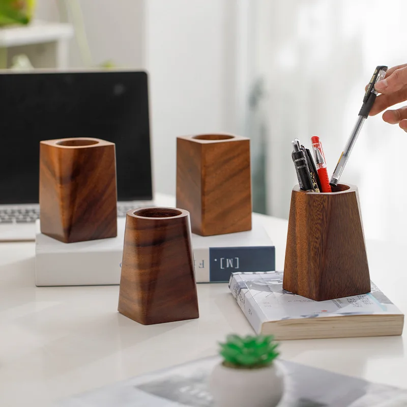 Walnut Wood Pen Holder Creative Solid Wood Storage Box Office Desk Decoration Pen Holder Walnut Wood Feel Light Luxury