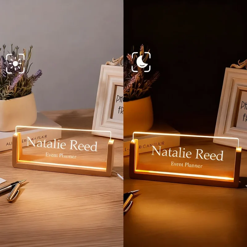 Custom Name Lighted Acrylic Desk Nameplate Modern Office Decor with Wood Base LED Name Sign Gift for New Job Boss Coworkers