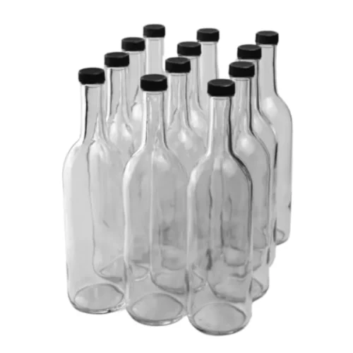 750 ml Clear Bordeaux Wine Bottles Pack of 12 Screw top finish with 12 Black PLASTIC caps W5 Flint Flat-Bottomed Glass Bottles