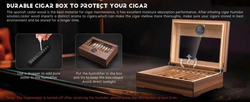 Cigar Humidor Box Cigar Case with Humidifier and Hygrometer, Cedar Wood Cigar Box with Divider, Cigar Gifts Accessories for Men
