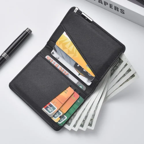 Black Faux Leather Small Slim Business-Style Wallet - Multiple Card Slots, Credit Card and Driver's License Holder, Geometric In