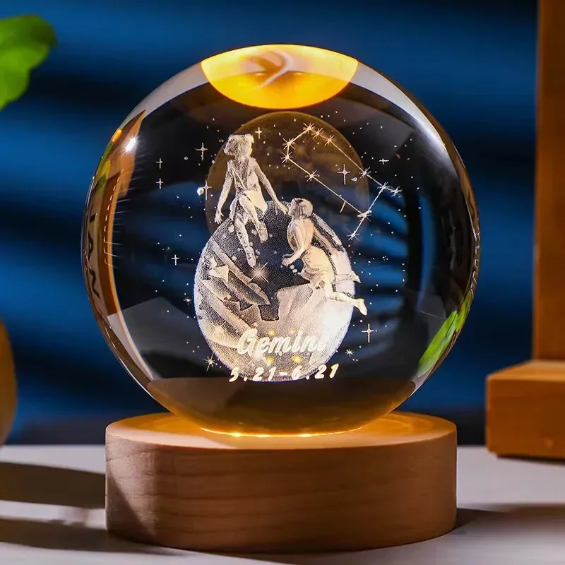 6cm 3D Crystal Ball Constellation Glass Planet Laser Engraved Birthday Gift Wooden Base Desktop Decor